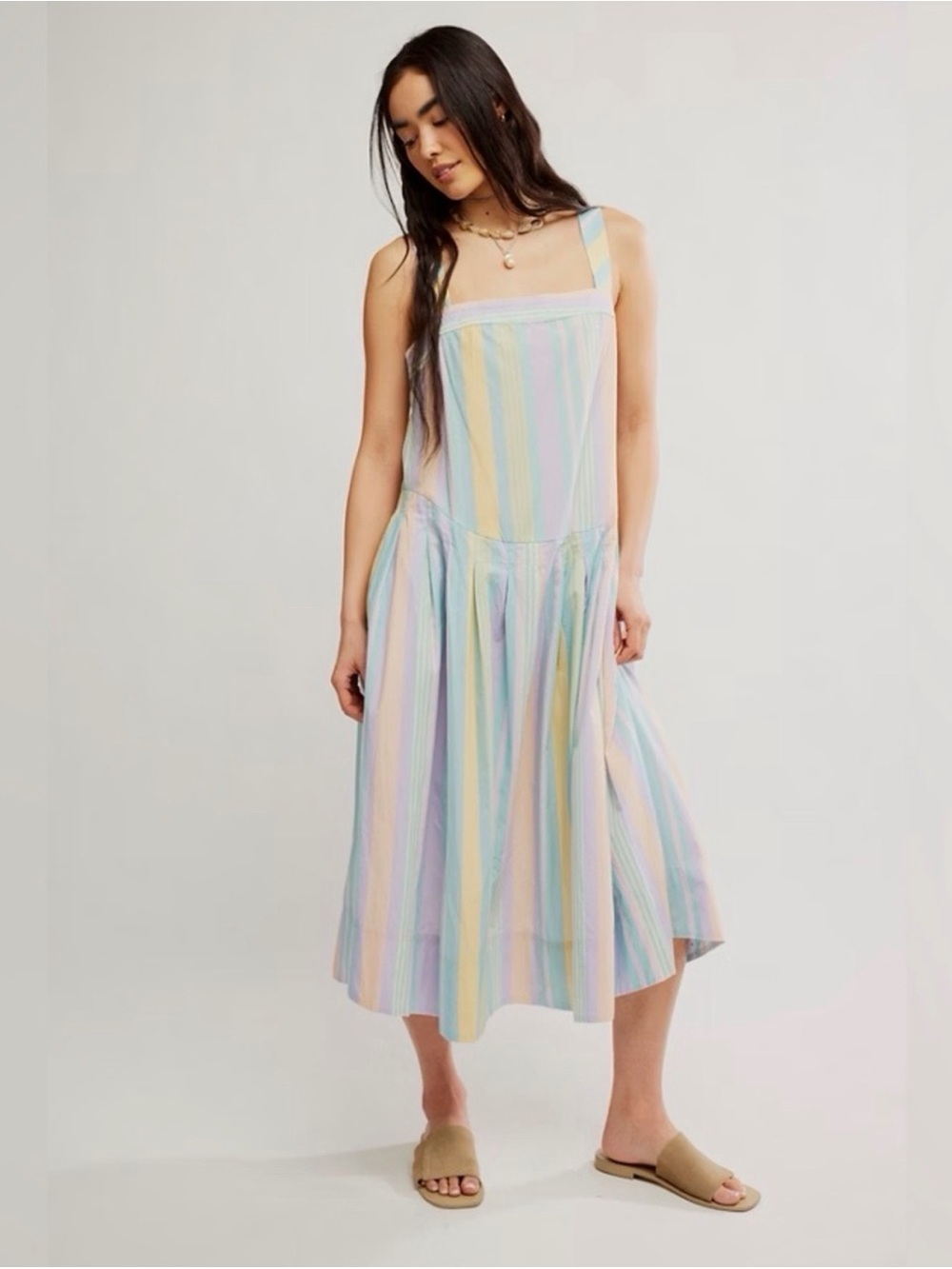 Free People Primavera Pastel Multi-Stripe Square Neck Midi Dress Size XS